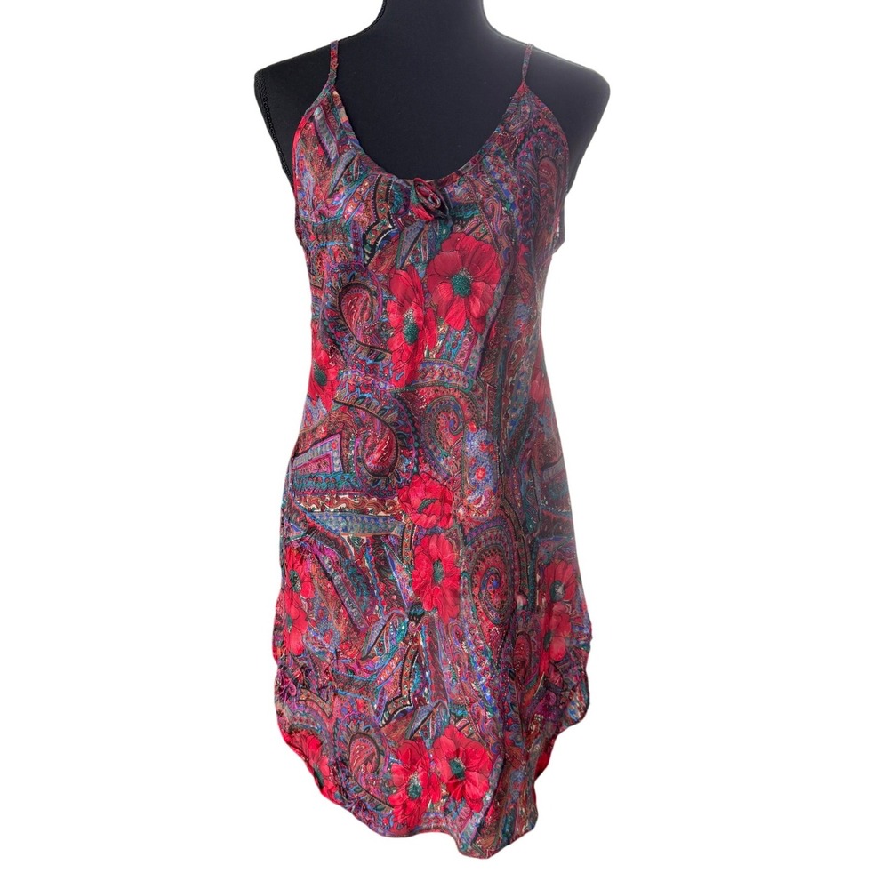 Inner Most Vintage Red Paisley Floral Sheer Chemise Nightgown Deep Scoop Back